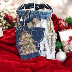 Denim Jabot Art To Wear Holiday Upcycled OOAK by Tattered Magnolia Christmas